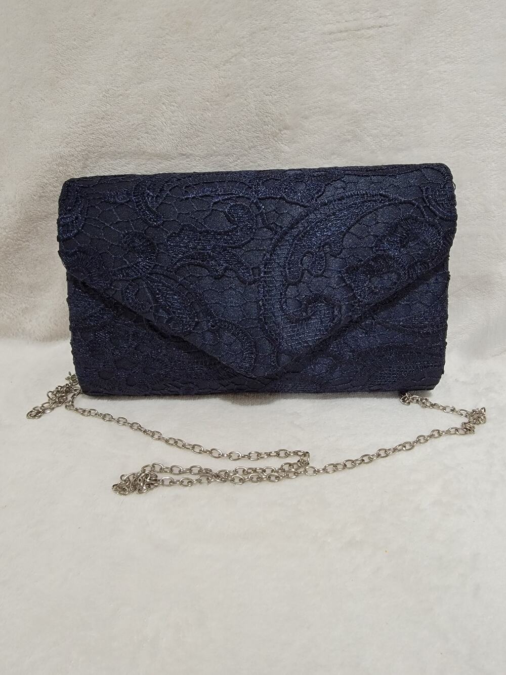 Women's Elegant Floral Lace Evening Clutch Envelope Handbag Navy Blue